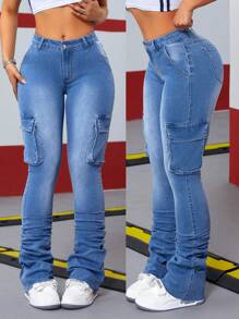 SHEIN ICON Cargo Pocket Pleated Stretch Slim Fit Washed Denim Jeans - Medium Wash - View 1