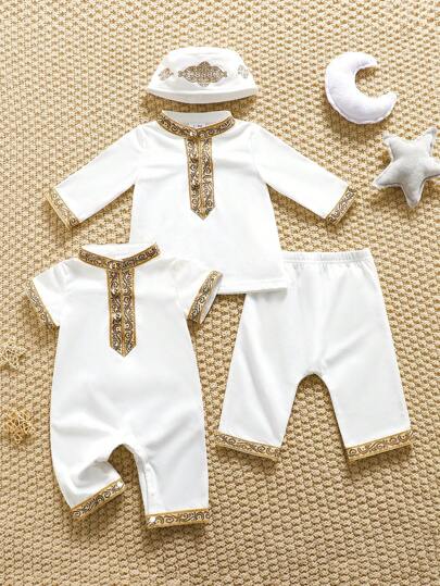 SHEIN 4pcs/Set Newborn Baby Boy Outfit - White Cozy Knit Long Sleeve Stand Collar Embroidered Ribbon Top & Elastic Waist Embroidered Ribbon Pants & Short Sleeve Stand Collar Embroidered Ribbon Romper & Embroidered Hat, Suitable For Daily Wear, Casual Outings, Birthday Party, Christening, 1st Anniversary, Gala, Performance, Wedding And Other Occasions