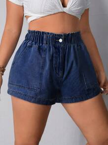 Breezaya Pantalones cortos vaqueros holgados con cintura elástica y bolsillos para mujeres de talla grande