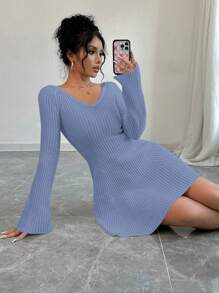 Chiquease Women's Solid Color Long Sleeve Sweater Dress, Minimalist Casual For Everyday Wear Fall Cloth For Women