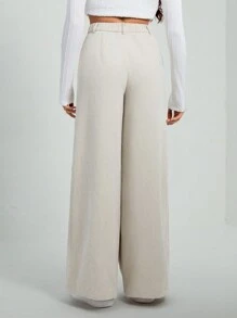 SHEIN Tall Quần nhung kẻ sọc đơn giản cổ điển màu trơn cho nữ, quần kaki cho nữ, quần ống rộng cho nữ - Màu Khaki - Xem 4