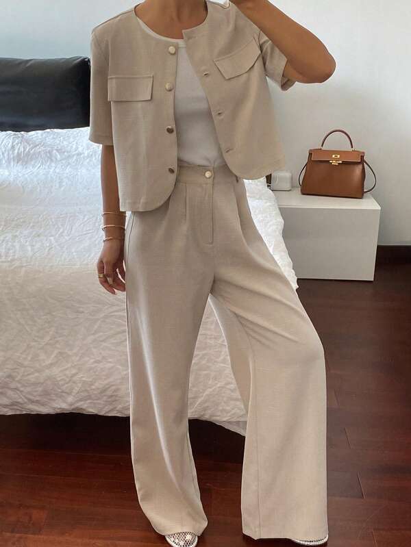 Livesso Women's Solid Color Short Sleeve Top And Pants Suit, Simple Casual Business Wear Outfit