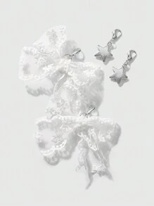 ROMWE Kawaii 4 sztuki/zestaw Elegancki minimalistyczny wszechstronny bardzo atrakcyjny biały siateczkowy haftowany koronkowy kokardka dekoracja CCB Star klipsy do butów kombinacja akcesoriów, odpowiedni dla kobiet i dziewcząt, prezent świąteczny