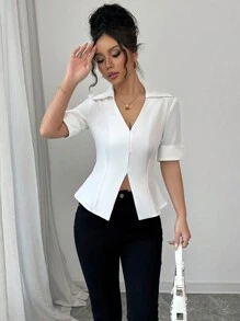 Elenzga 时尚 V 领短袖修身衬衫