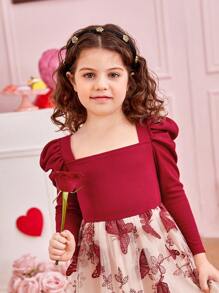 SHEIN Cô Gái Trẻ Dệt kim Màu thuần Với Thêu Bướm Và Lưới Đầm - Màu Đỏ Sâu - Xem 5