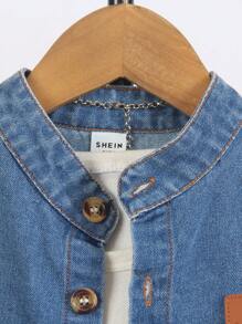 2pcs/Set Young Boys Collared Short Sleeve Denim Shirt And Loose Pants Set - Multicolor - View 5