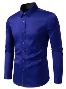 Manfinity Mode Áo sơ mi nam tay dài cài nút đơn giản màu trơn (không xác định), Áo sơ mi nam màu xanh hoàng gia, Áo sơ mi thanh lịch dành cho nam, Mùa thu - Xanh đậm - Xem 7