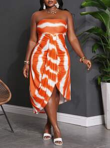 Slaydiva 大码女式橙色扎染印花露背前短后长海滩度假连衣裙 - 彩色 - 查看 6