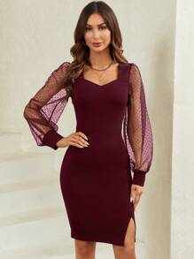 SHEIN Clasi Women's Polka Dot Mesh Puff Sleeve Bodycon Dress - Burgundy - View 5