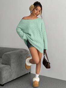 Flirla Áo len dệt kim dày màu yến mạch dáng rộng bất đối xứng cổ trễ vai cho nữ, trang phục thường ngày cho mùa thu/đông, áo len chui đầu mùa thu - màu xanh lá - Xem 5