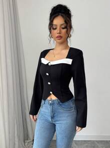 Calvaya Blusa de punto de cuello cuadrado con empalmado, ajuste ceñido para mujer