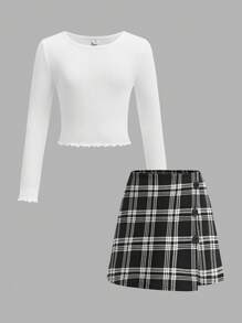 Maglietta a manica lunga con bordo a lattuga e gonna corta a quadri neri con bottoni, perfetti per uso casual, quotidiano e scolastico, adatti per ragazze tra bambini e adolescenti