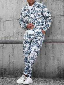 Manfinity EMRG Conjunto de chaqueta y pantalones de manga larga con cierre de botones delantero, bolsillo e impresión simple, ropa de otoño para hombre