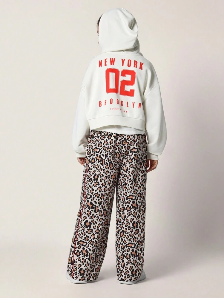 Leopard Print Zip-Up Hoodie Wide Leg Pants Set