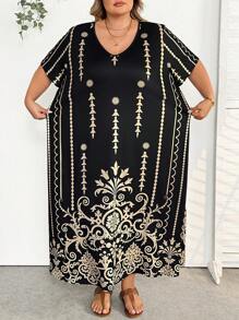 SHEIN CURVE+ Women's Plus Size Casual Retro Printed Dress For Summer - Black - View 7