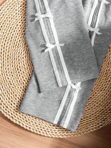 SHEIN Girls Young Girl Casual Comfortable Knitted Solid Color Splicing Herringbone Side Ribbon Bow Decor Pants - Light Grey - View 5