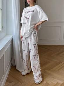 DAZY Cute Ice Cream Print Short Sleeve & Long Pants Pajama Set, Loose Fit