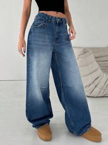 EURMUSE HIGH RISE WIDELEG BABY BLUE WOMEN JEAN - Medium Wash - View 5