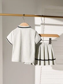 SHEIN 2 件套，女婴春夏学院风，短袖半开领衬衫和百褶裙