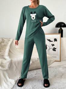 RueChic 100%Cotton Embroidery Cartoon & Letter Pattern Lounge Set - Green - View 3