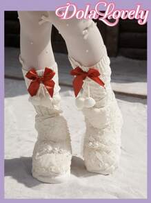 Dola Lovely 可爱仙人掌图案保暖拖鞋，蓬松包头保暖厚底女士家居拖鞋，秋冬新年假期 - 白色 - 查看 6