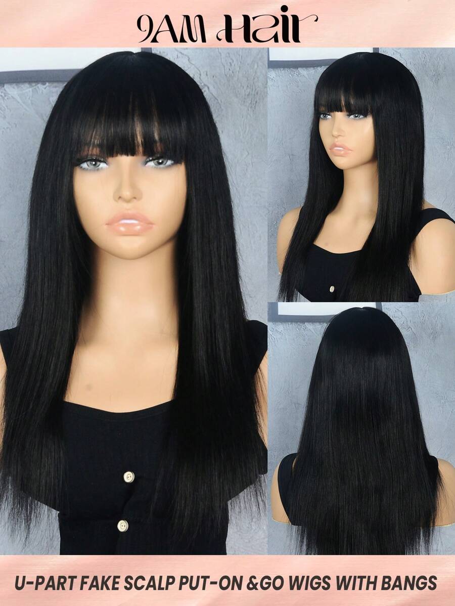 180% Density Straight Human Hair Wig With Bangs 16-18 Inch Natural Black Remy Scalp Top Full Machine Made Wigs For Women Daily Use - SNatural - View 1