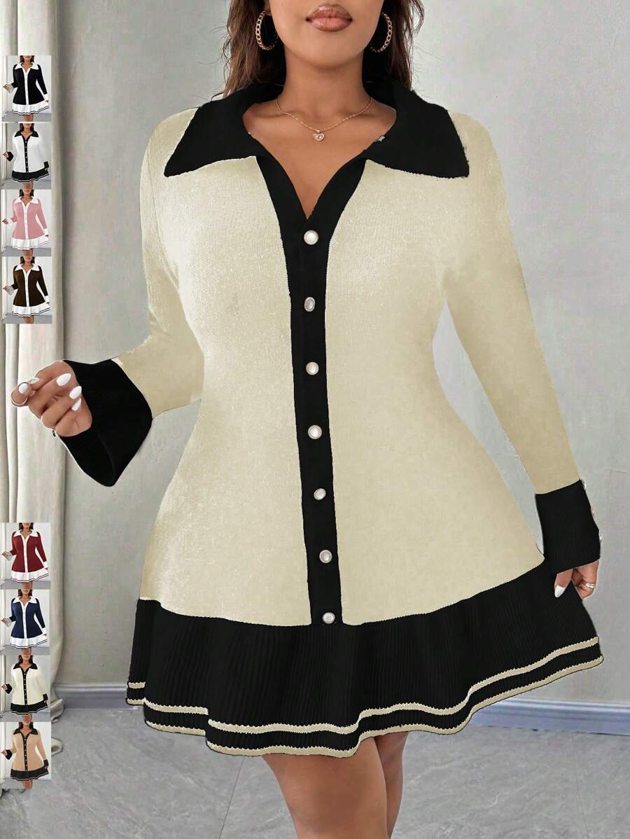 SHEIN Unity Plus Size Women Knit Colorblock Sweater Dress With Ruffle Hem & Button Decor, Elegant Autumn/Winter Dress - Apricot - View 1