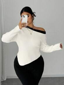 Celure Plus Size Dames Zwart & Wit Tweekleurige Asymmetrische Kraag Getailleerde Pullover Trui, Herfst/Winter