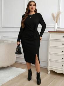 Chikora Robe casual à manches longues avec col rond, design torsadé, en couleur unie, grande taille - Noir - Voir 3