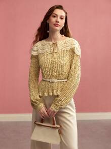 MOTF PREMIUM BLOUSE PLISSÉE À POIS EN DENTELLE CONTRASTÉE