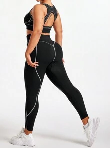 Easithlete 大码女士无缝运动套装 女士健身套装 - 黑與白 - 查看 6
