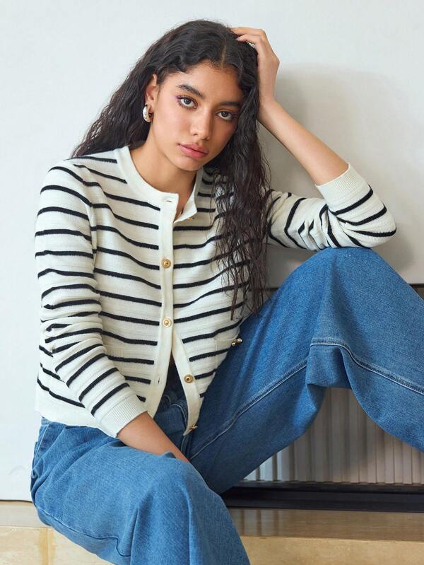 MOTF STUDIO STRIPED BUTTON UP CARDIGAN