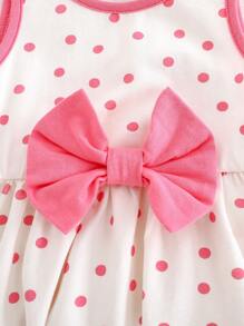 Cozy Pixies 2pcs Baby Girl Set: Polka Dot Print Color Blocking Round Neck Sleeveless Waisted Dress + Solid Color Ruffle Hem Long Sleeve Cardigan Clothes - Pink - View 3