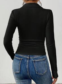 SHEIN LUNE Women Polo Collar Side Ruched Casual Sports Home Comfortable T-Shirt, Autumn/Winter - Black - View 2