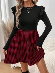 SHEIN LUNE Vestido campana con volantes y estampado de cuadros vintage, cuello redondo, manga corta. Uso casual/laboral para mujer, apto para otoño/invierno.
