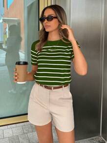Pariaura Camiseta casual versátil de mujer con rayas y estampado gráfico
