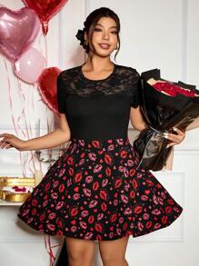 SHEIN Frenchy Plus Size Boho Casual Elegant Red Lips Valentine's Day Skort, For Summer - Black - View 3