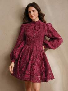 Anewsta Women's Spring Dress, Elegant Floral Embroidery Mesh Lantern Sleeve Collared Waist Cinched Wedding Guest Dress, Suitable For Valentine's Day, Birthday - Burgundy - View 3