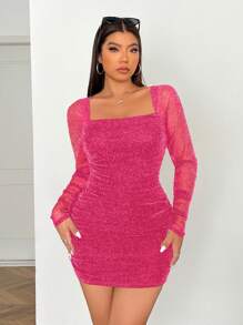 SHEIN EZwear Plus Size Semi-Sheer Mesh Fuchsia Dress