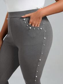 SHEIN Clasi Plus Size Slant Pocket Pearls Beaded Skinny Pants - Grey - View 6
