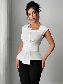 Elenzga Blusa asimétrica sin mangas casual/para el trabajo, de cintura elegante y ajustada, para primavera/verano - Blanco - Ver 6