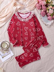 SHEIN Tween Girl Red Minimalist White Heart Print Long Pants And Long Sleeve Top Comfy Christmas 2 Pieces Loungewear Pajama Set