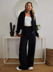 EURMUSE WOMAN COSY TWO PIECES LOUNGEWEAR WITH DOUBLE SIDE ZIPPER - Black - View 8