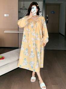 DAZY Floral Print Pleated Drawstring Collar Raglan Lantern Sleeve Loose Nightgown Pajama - Yellow - View 5