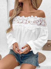 Breezaya 女士度假休闲纯色蕾丝拼接露肩衬衫