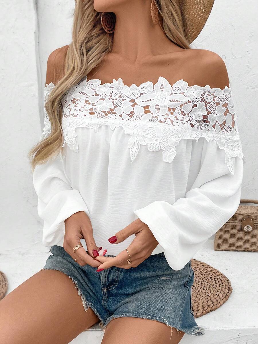 Breezaya 女士度假休闲纯色蕾丝拼接露肩衬衫