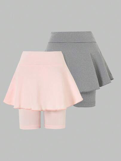2pcs/Set Young Girl Casual Loose Knitted Shorts & Skirt, Light Apricot & Gray, Spring/Summer