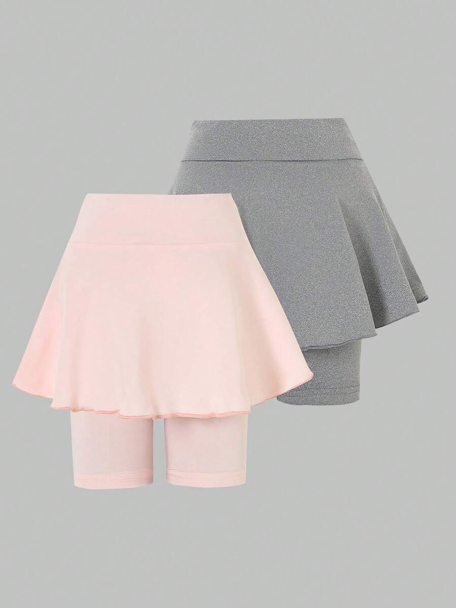 2pcs/Set Young Girl Casual Loose Knitted Shorts & Skirt, Light Apricot & Gray, Spring/Summer - Multicolor - View 1