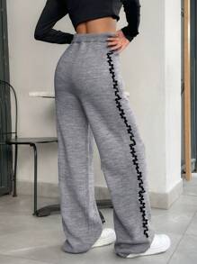 SHEIN PETITE Elegant Contrast Binding Detailed Knitted Pant - Grey - View 2