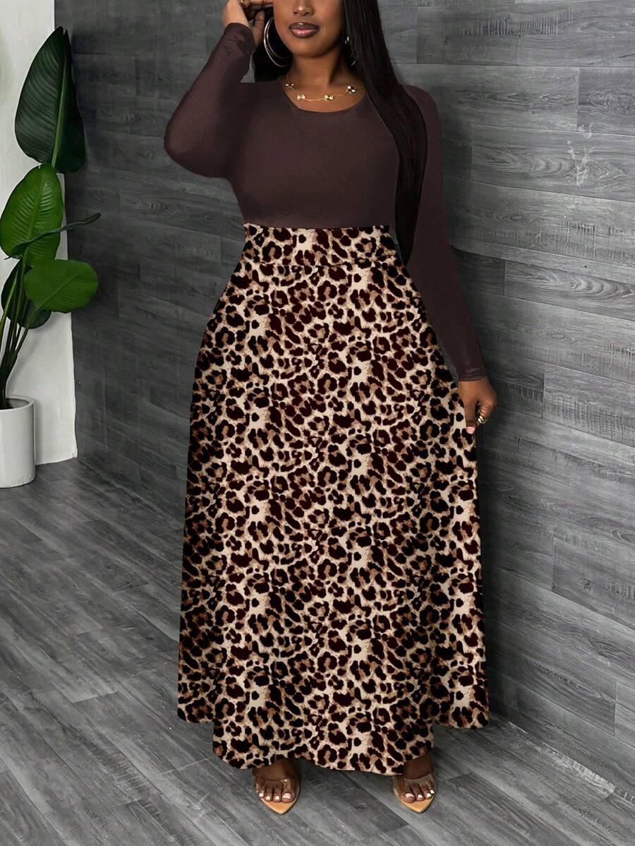 Slaydiva 休闲简约全身豹纹大码连衣裙，秋冬